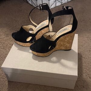 Jimmy Choo Black and Tan Wedge Sandals
